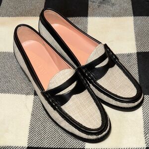 New J. Crew Women’s Natural Canvas and Black Leather Penny Loafers Size 7